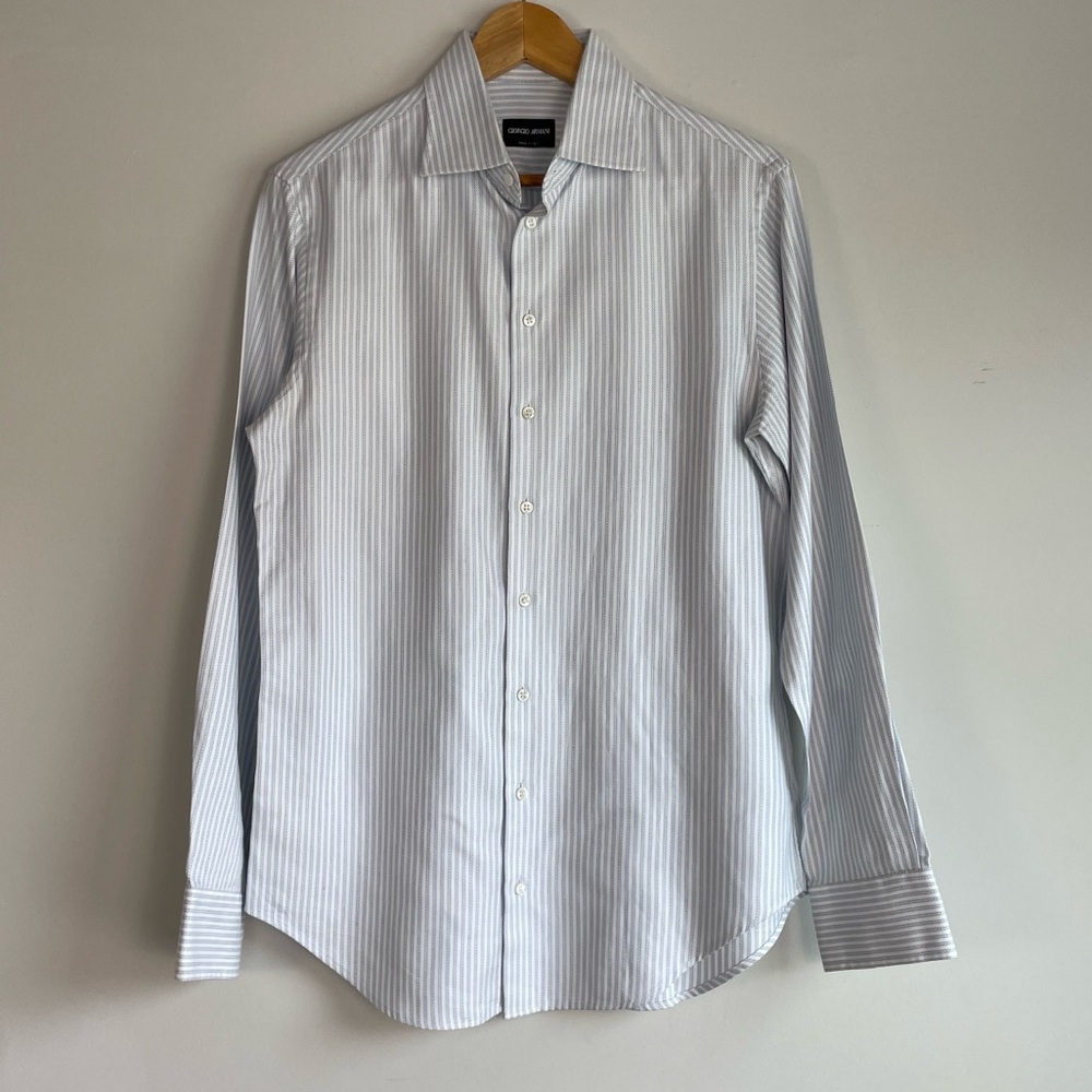 Giorgio Armany Stripe Button Down Shirt Size 15.5 Cotton White Blue Quiet Luxury